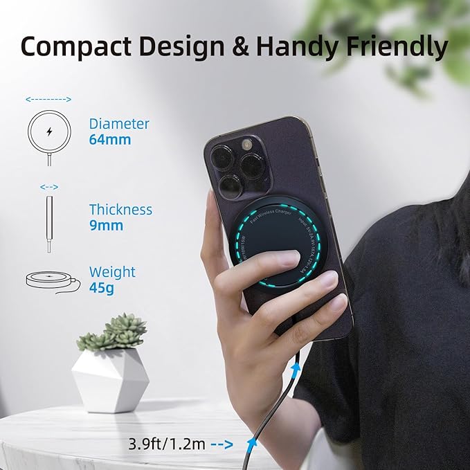 Magnetic Wireless Charger for iPhone 15W Max Fast Mag-Safe Wireless Charging Pad Compatible with iPhone 16/16 Plus/16 Pro/16 Pro Max/15/14/13/12 Series with USB-A Converter Black
