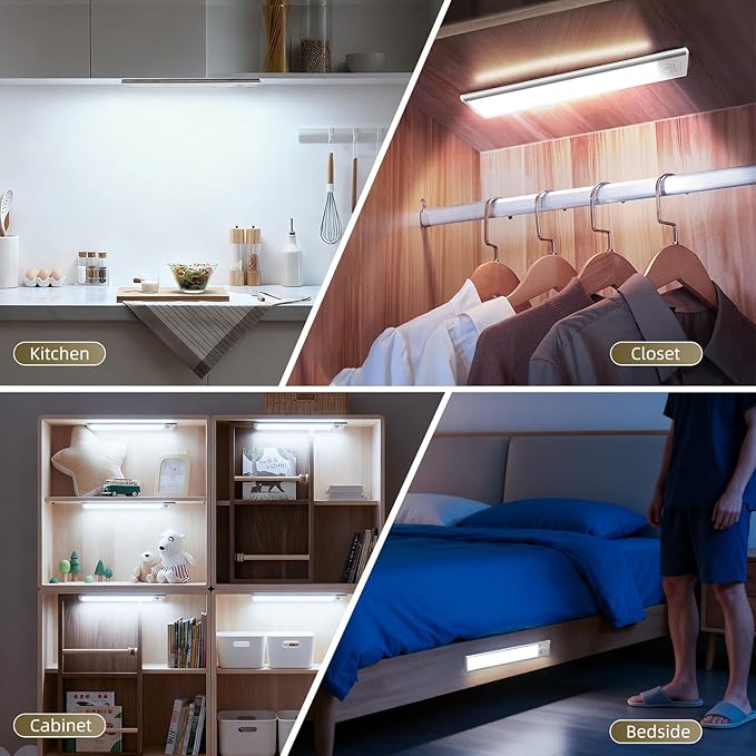 10inch Under Cabinet Lighting, 4 Pack Rechargeable Motion Sensor Light Indoor, Wireless Dimmable Magnetic Closet Lights, 40 LED Under Counter Lights for Kitchen, Wardrobe, Stairs, White Light
