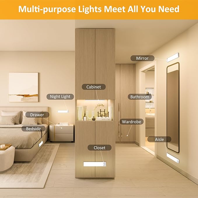Motion Sensor Under Cabinet Lights, Magnetic Rechargeable Under Counter Closet Light, Wireless Night Light Bar Stick-On, 2-Pack, Warm White