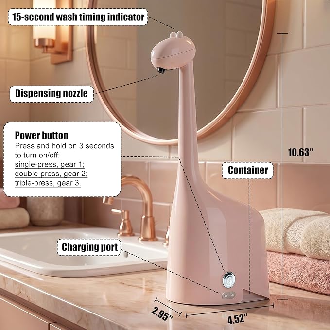 Automatic Soap Dispenser,Cute Dinosaur, Touchless, Rechargeable Foaming Soap Dispenser, 10oz/300ml, 3-Level Adjustable Foam, IPX5 Waterproof for Bathroom, Kitchen, Hotel,Restaurant, Pink