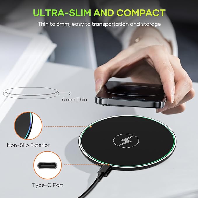Wireless Charger, Wireless Charging Pad for iPhone 17/16/15/14/13/12/11 Pro/Pro Max/XS Max/XR/SE, Wireless Charging Mat Station for Samsung Galaxy S25/S22/S21S20/S10/S9/Note10/9, AirPods 2/Pro