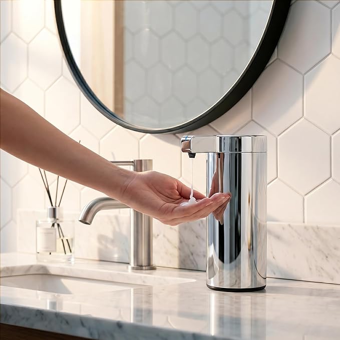 Newise Automatic Soap Dispenser with 3 Adjustable Dispensing Modes, 9 oz Touchless Sensor Stainless Steel, Rechargeable Hand Liquid Soap Dispenser for Kitchen & Bathroom, Chrome Metallic