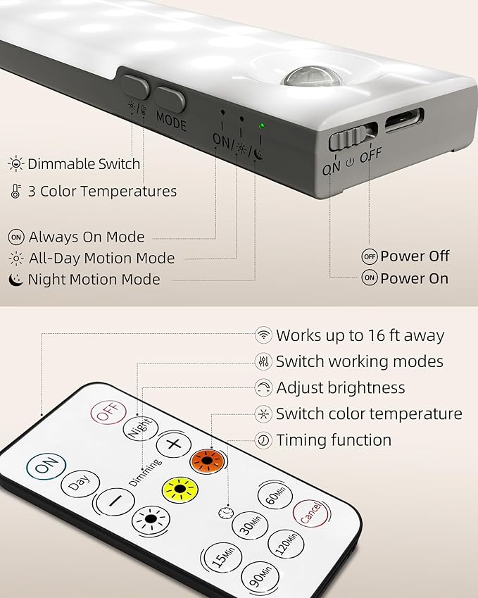 EZVALO 3-Pack Under Cabinet Lighting with Charging Station, 2000mAh Rechargeable Wireless Motion Sensor Lights, 3 Color Temps, Dimmable, Timer, Magnetic, with Remote Control for Kitchen, Closet
