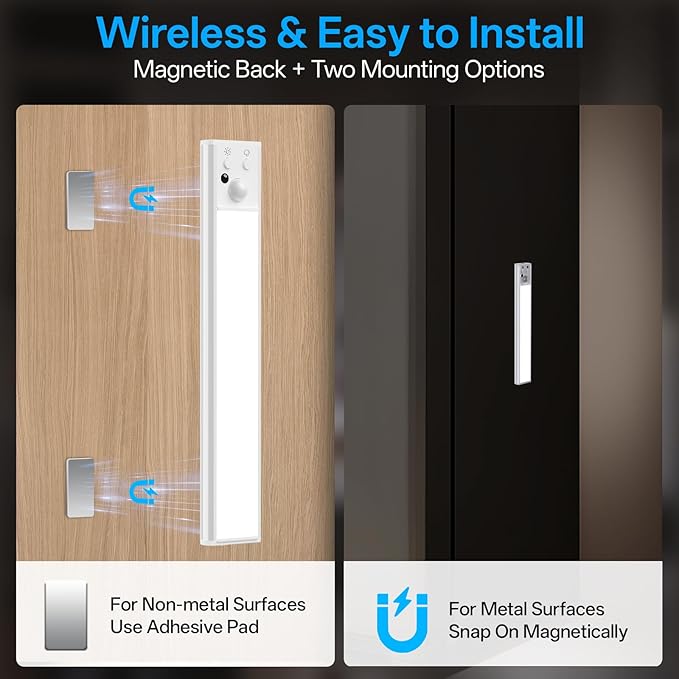 Under Cabinet Lighting Wireless,Rechargeable Motion Sensor Light Indoor,3Color Dimmable Closet Light Battery Operated with Remote Control, Magnetic Under Counter Lights for Kitchen 2Pack