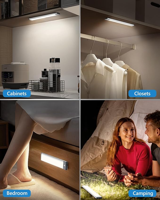 HIBOITEC Motion Sensor Under Counter Lights 2 Pack Rechargeable, 30-LED Wireless Cabinet Lighting Magnetic Self-Adhesive, 180lm Ultra Thin Closet Light for Kitchen, Cupboard, Drawer, Hallway, White