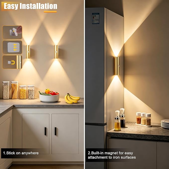 2 Pack Motion Sensor Wall Light, Rechargeable Wall Sconces Battery Operated with 3 Colors & Dimmable, Magnetic Wireless Wall Sconces for Stair Bedroom Hallway Bathroom (Gold)