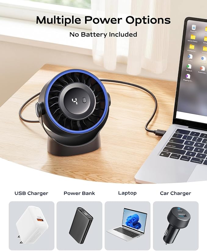SWEETFULL USB Small Desk Fan - 5 Inch Mini Personal Desktop Fan, 4 Speeds Cooling Strong Airflow, 360° Adjustable Tilt, Quiet Portable Table Fans for Bedroom, Home, Office, Travel & Cruise, Black