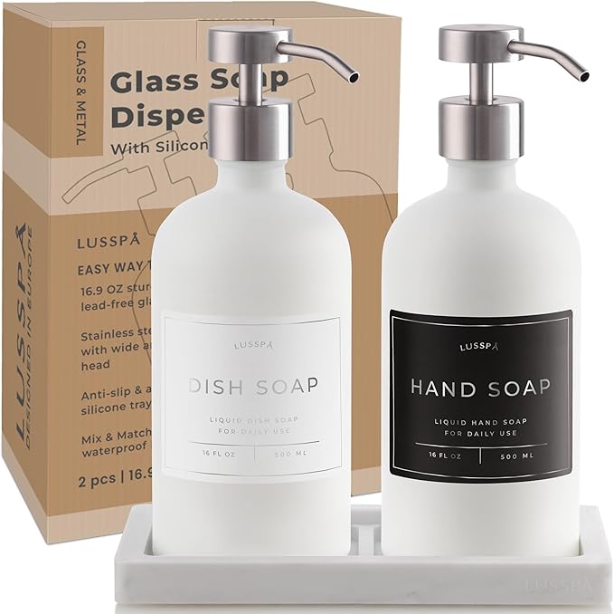 Glass Soap Dispenser Set of 2 (White) with Silicone Tray | Hand and Dish Soap Dispenser for Kitchen and Bathroom | 16.8 Oz Glass Bottles with Stainless Steel Pump & 15 Waterproof Labels (White/Silver)