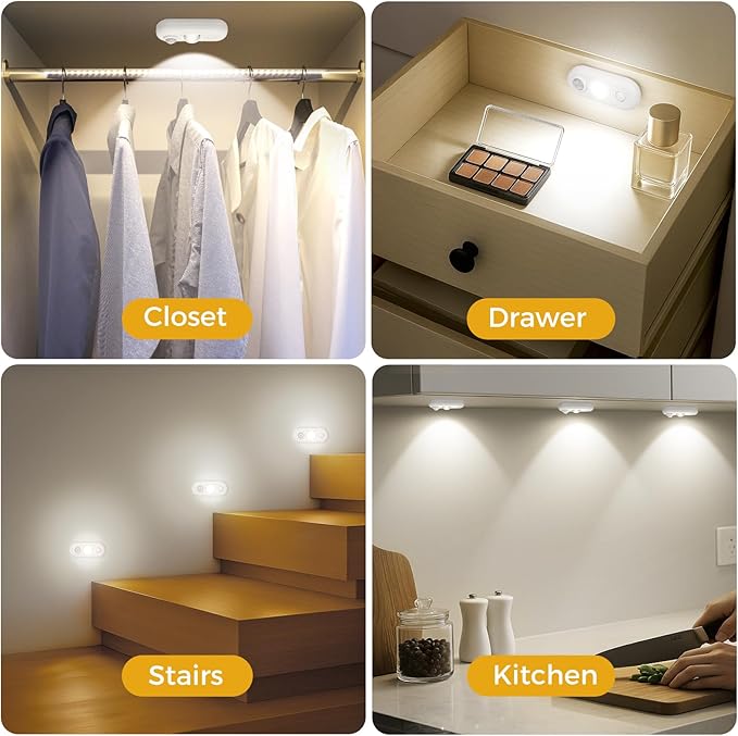 LED Motion Sensor Puck Lights, Small Rechargeable Under Cabinet Light, Dimmable Daylight White Closet Lights, Wireless Under Cabinet Lighting for Drawer, Kitchen (4 Pack)