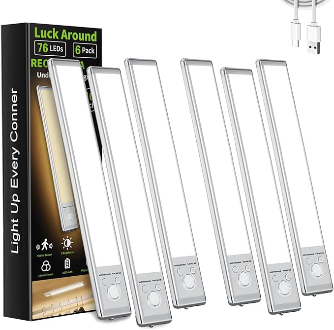 LUCK AROUND 6 Pack Under Cabinet Lighting, Motion Sensor Light, 12-Inch Rechargeable LED, Battery Powered White