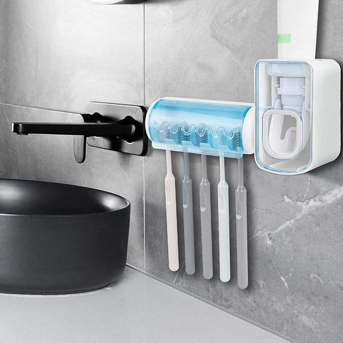 5 Slots Wall Mount Toothbrush Holder with Cover, Self Adhesive Toothbrush Storage Organizer for Shower, Toothbrush Hanger with Automatic Toothpaste Squeezer Dispenser (Blue)