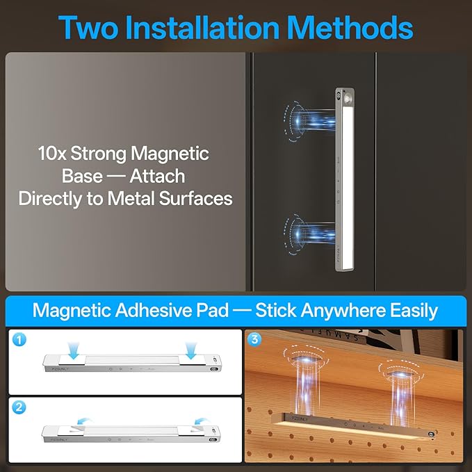 14.2inch Under Cabinet Lighting Wireless,Rechargeable Motion Sensor Light Indoor,3 Colors Dimmable,Magnetic Closet Lights with Remote,Under Counter Lights for Kitchen,Silver 2Pack
