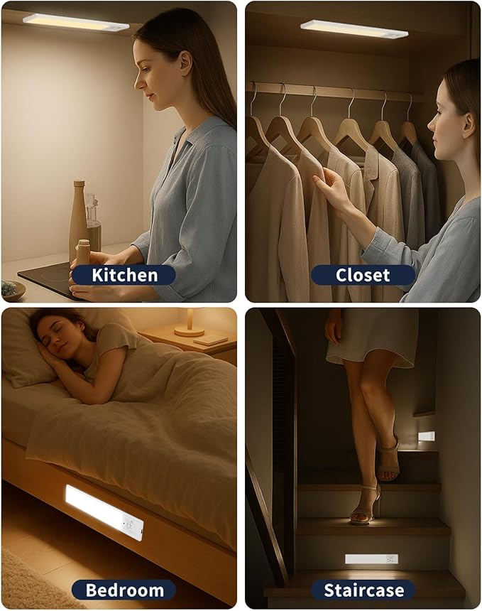 Under Cabinet Lighting, 12 Inch Motion Sensor Light Indoor, 1800mAh USB Rechargeable Closet Light, 3 Color Temperature Operable LED Lights, Can Be Used for Wardrobes, Cabinets, Stairs (3 Pack)