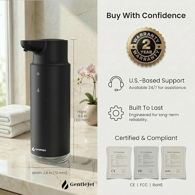 GentleJet CrystalJet Automatic Liquid Soap Dispenser Touchless Sensor, Stainless Steel, USB-C Rechargeable, Waterproof Kitchen & Bathroom Countertop Soap Dispenser, 300 ml