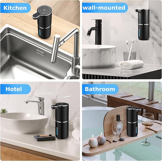 VZZNN 2 Pack Automatic Soap Dispensers,12.8oz/380ml USB Touchless Automatic Foaming Soap Dispenser,Rechargeabled Wall Mounted Smart Soap Dispenser for Bathroom Kitchen Dish Soap(Black)