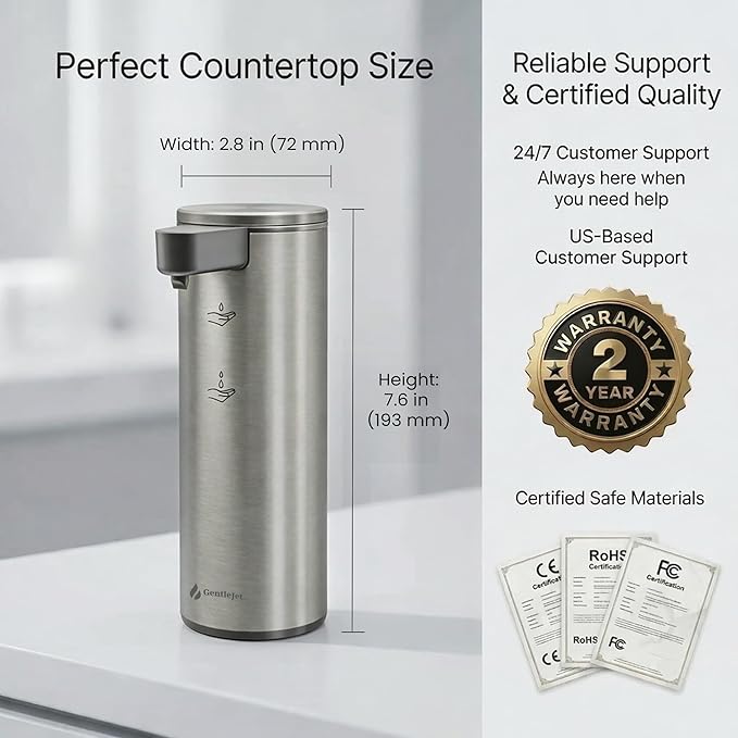 GentleJet OpalDrop Automatic Liquid Soap Dispenser for Kitchen Sink Touchless No-Drip Pump, USB-C Rechargeable, 304 Stainless Steel, IPX5 Water-Resistant, 270 ml