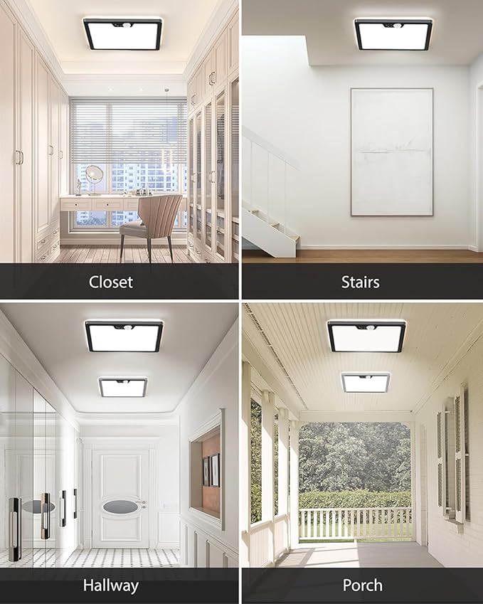 Annaror 12in Motion Sensor Ceiling Light Wired, 3000K 4000K 5000K Selectable, 24W Flush Mount Square Motion Ceiling Light with 3 Timer for Closet Porch Stairs Hallway, Black