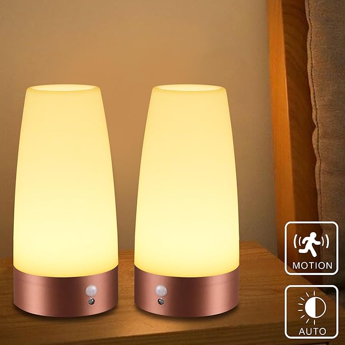 WRalwaysLX 2Pack Round Bedside Lamp PIR Motion Sensor LED Night Light,3 Modes Battery Powered Small Table Lamp,USE 3x1.5VAAA Battery,Sensitive Portable