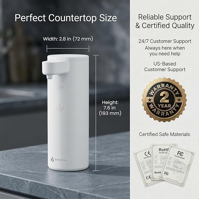 GentleJet OpalDrop Automatic Liquid Soap Dispenser for Kitchen Sink Touchless No-Drip Pump, USB-C Rechargeable, 304 Stainless Steel, IPX5 Water-Resistant, 270 ml