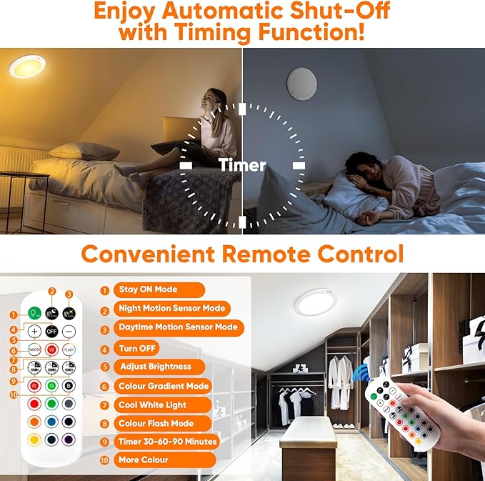 2 Pack Rechargeable Motion Sensor Ceiling Light with 12 RGB Colors and Cool White Lights, Battery Operated Ceiling Light with Remote, Magnetic Motion Sensor Lamp for Closet Pantry Hallway Porch