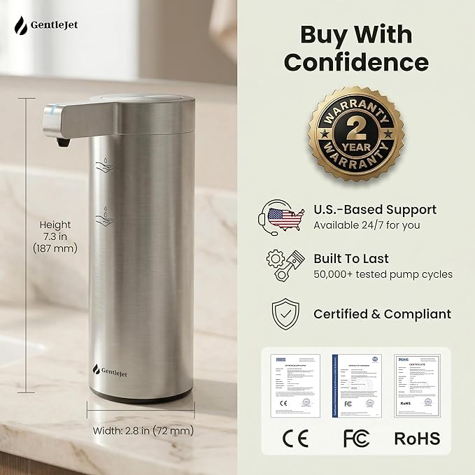 GentleJet SmoothDrop Automatic Liquid Soap Dispenser Touchless, No-Drip Precision Pump, USB-C Rechargeable, 304 Stainless Steel, Waterproof Countertop Dispenser for Kitchen & Bathroom Sink, 270 ml