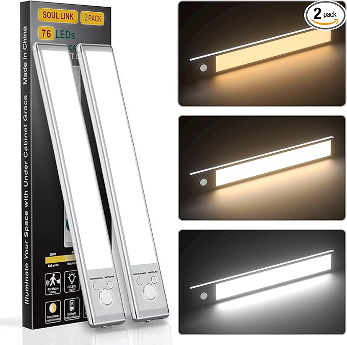 Under Cabinet Lights,76 LED Operated Motion Sensor Light Indoor,1500mAh USB Rechargeable Closet Lights, 2 Pack Magnetic Dimmable Closet Lights,Wireless Under Counter Lights for Kitchen, Stairs