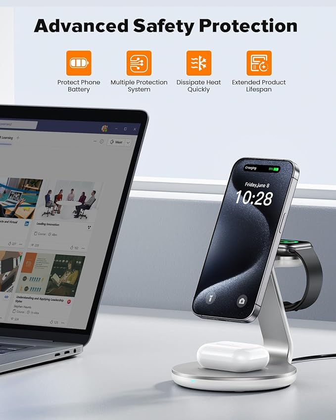 HERRBOLAI 3 in 1 Charging Station Compatible with Magsafe Charger Wireless Charger Stand for iPhone 17 16 15 14 13 12 Wireless Charging Station for AirPods Wireless Charging Stand for iWatch Series