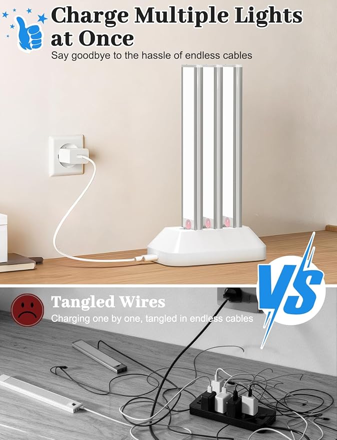 2000mAh Rechargeable Motion Sensor Light Indoor, Under Cabinet Lighting with Charging Station, 3 Color Tempers Dimmable Closet Lights Wireless, Magnetic Under Cabinet Lights for Kitchen, 6-Pack