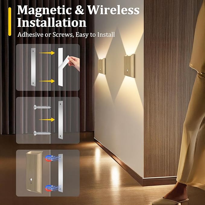Battery Powered Wall Sconce Set of 2: 5000mAh Rechargeable Motion Sensor Wall Light with Remote, 3 Colors Wireless Sconce Magnetic Motion Sensor Night Light Indoor for Bedroom Hallway Stair, Beech