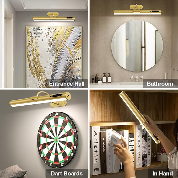 Hapfish Picture Lights for Wall Battery Operated, Wireless Art Light for Paintings, Rechargeable Wall Sconce for Picture with Remote Control, Dimmable Wall Lighting for Gallery Dartboard Mirror - Gold
