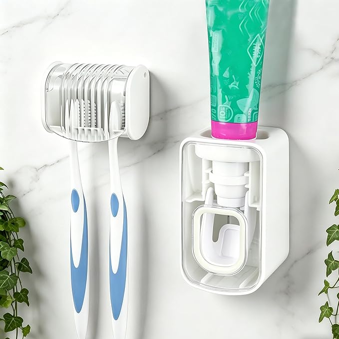 2 Slots Wall Mount Toothbrush Holder with Cover, Self Adhesive Toothbrush Storage Organizer for Shower, Toothbrush Hanger with Automatic Toothpaste Squeezer Dispenser(White)