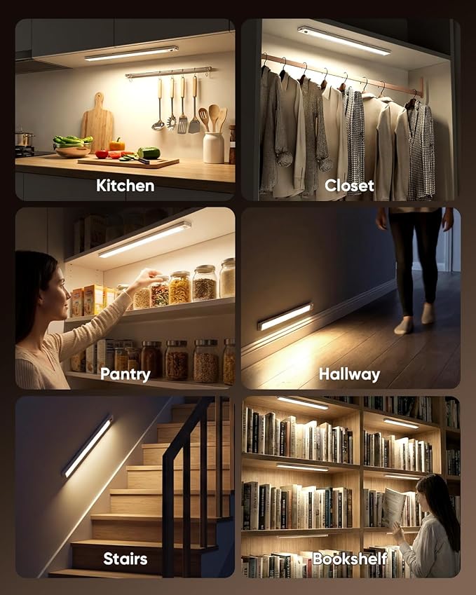 16inch Under Cabinet Lighting, 216LED Motion Sensor Light Indoor, Rechargeable Closet Lights, 3 Color Temps, Dimmable, Wireless Under Counter Lights for Kitchen, Stairs, Pantry, 4 Pack