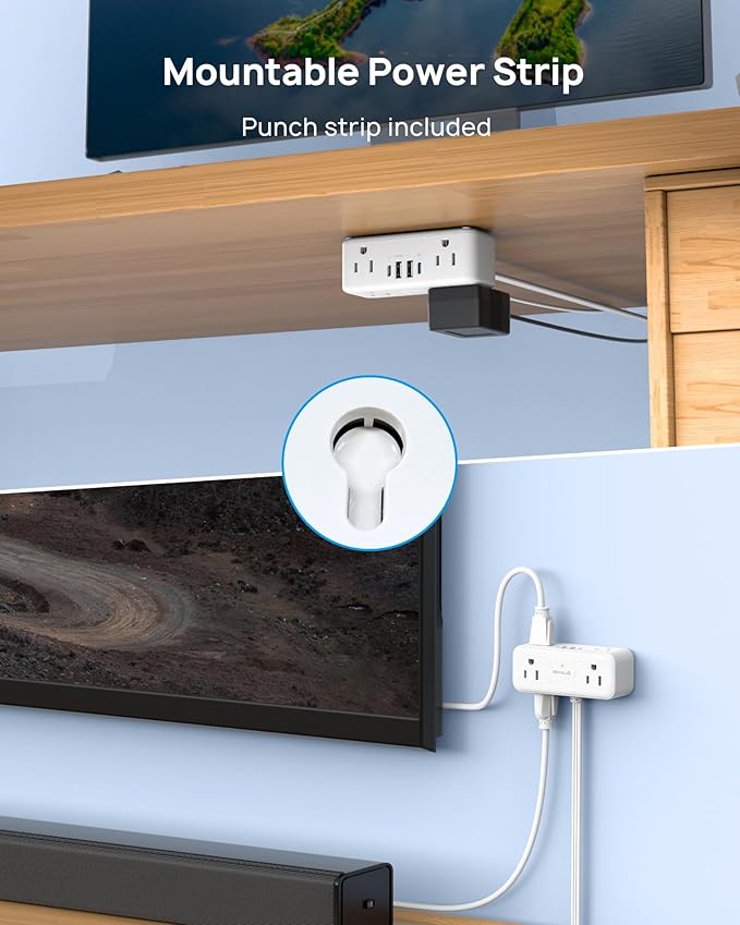 TROND 20W USB C Power Strip Surge Protector - 15ft Flat Plug Extension Cord with Multiple 6 Outlets, 900 Joules, 3 Side Design, Mountable, Compact for Home Office Desk College Dorm Room Essentials