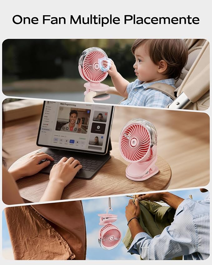 SWEETFULL Portable Misting Clip On Fan, USB-C Rechargeable Mini Personal Cooling Fan with 4 Speeds, 360° Rotatable, Quiet Cooling for Outdoor, Camping, Golf Cart, Travel, Stroller & Desk (Pink)