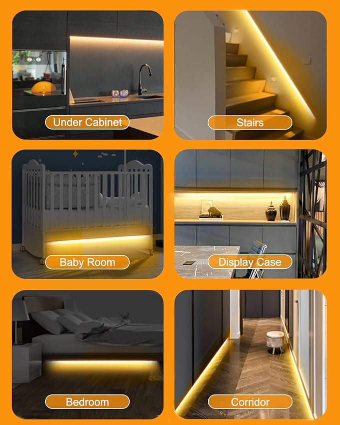 Motion Sensor Led Light Strip - Under Cabinet Lighting with Power Adapter, 6 Adjustable Brightness and Timing, Light Strips for Kitchen Cabinets, Stair, Showcase, Bedroom, 9.84ft 3000K WarmWhite