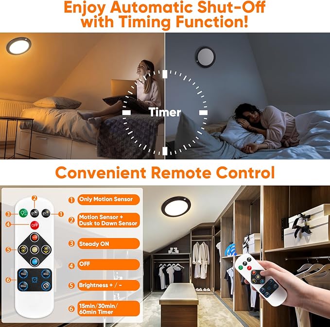 2-Pack Rechargeable Motion Sensor Ceiling Lights with Remote, Battery Operated Ceiling Lights No Wiring, Wireless LED Ceiling Lights, 3 Colors Dimmable Overhead Lamps for Closet Shower Hallway, Black