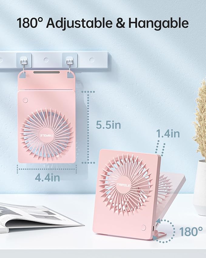 TriPole Mini Portable Desk Fan Rechargeable Ultra Quiet Small Fan 4.5 Inch Personal Travel Fan with 180° Tilt Folding and 3 Speeds Adjustable for Office Desktop Bedroom (Pink)