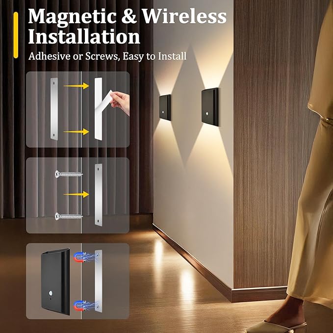 4 Pack Rechargeable Motion Sensor Wall Light: Wireless Battery Powered Wall Sconce with Remote, 3CCT Magnetic Motion Sensor Stair Light LED Indoor Up Down Wall Lamp for Bedroom Hallway Closet, Black