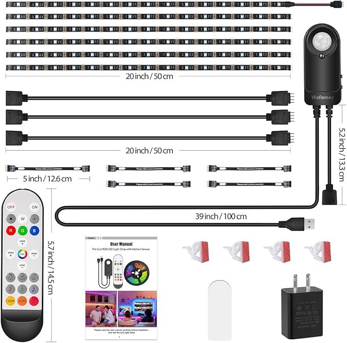 RGB Under Cabinet Lights with Motion Sensor, 6 Pre-Cut LED Strip Lights with Remote Control, Music Sync Color Changing Closet Lights, for Kitchen, Counter, Shelf, TV Backlight, Bookcase, 9.8ft
