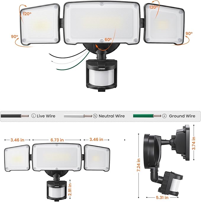 LEPOWER LED Motion Sensor Security Lights, 3 Head Motion Detected, 38W, 4200LM, Waterproof IP65, 5500K, Full Metal for Outdoor, Garage, Porch, Yard (Black)