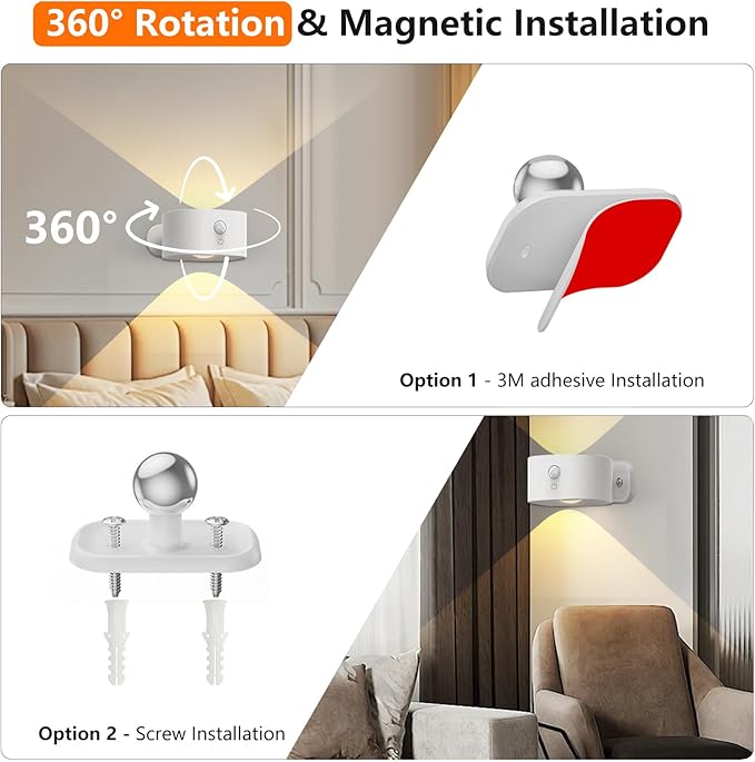 Deyagoo Motion Sensor Wall Light Indoor, Battery Operated Sconce 360°Rotate, Rechargeable Cordless Night Light, Touch Dimmable 3 Brightness, UP Down LED Wall Lamp for Stairs, Closet, Bedroom, Bathroom