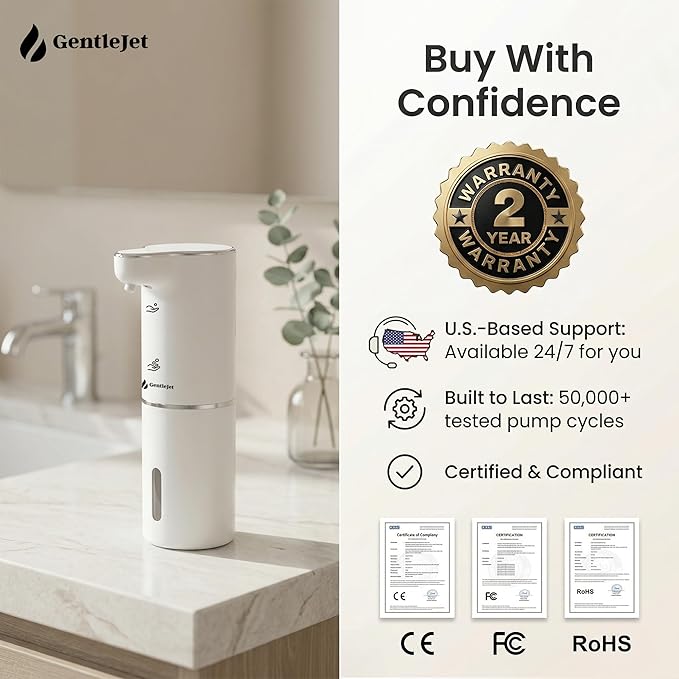 GentleJet JetFoam Automatic Foam Soap Dispenser Touchless Sensor, USB-C Rechargeable, Adjustable Output, IPX5 Waterproof, 300 ml, Bathroom & Kitchen Countertop