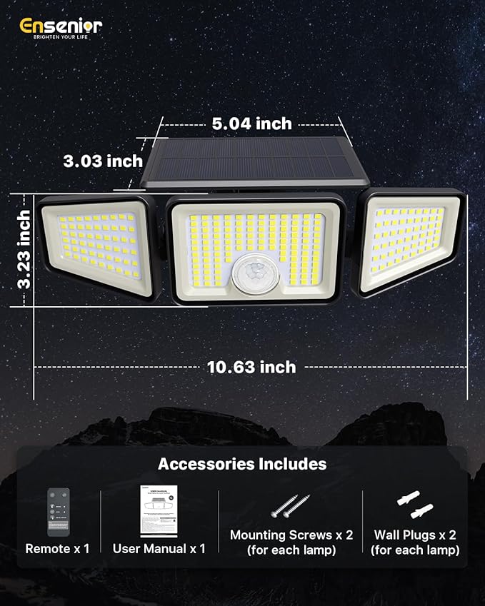 Ensenior Solar Motion Lights Outdoor, 3000LM 220 LED High Brightness Motion Sensor Outdoor Lights, 3 Head 4 Modes 270° Wide Angle Flood Lights IP65 Waterproof, Remote Control Security Lights, 3 Pack