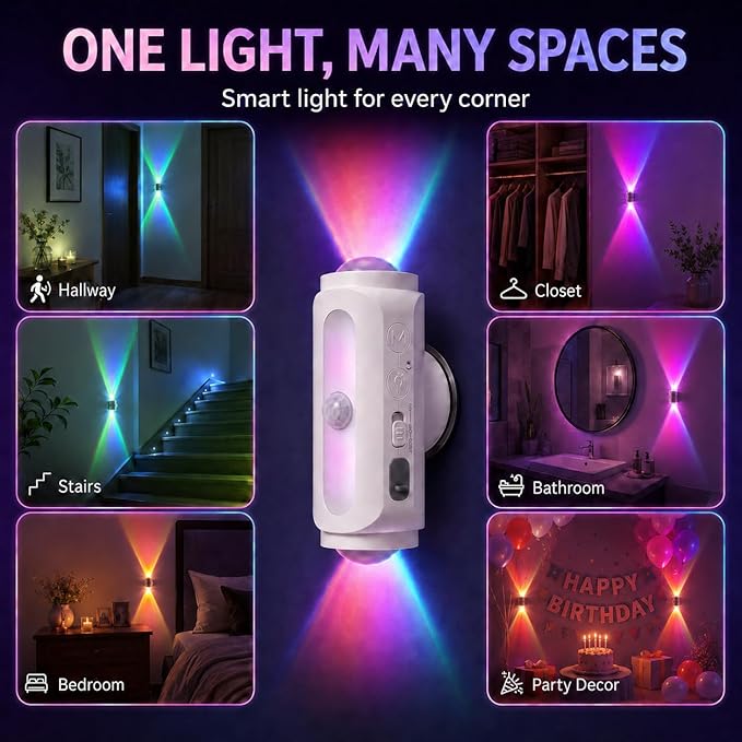 Motion Sensor Wall Light, Rechargeable Peel and Stick on Sconce Set of 2, Wireless No Drill RGB Wall Lamps, Magnetic Battery Operated Indoor Lighting for Hallway, Stairs, Bedroom, Bathroom, Bar Decor