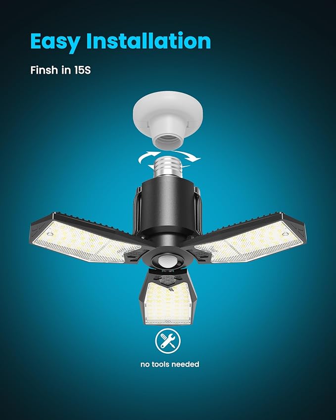 4 Pack Garage Lights with Motion Sensor, 8000LM Motion Sensor Light Bulb Indoor with 360° Detection, Screw-in 6500K Motion Activated Shop Lights for Ceiling, Basement