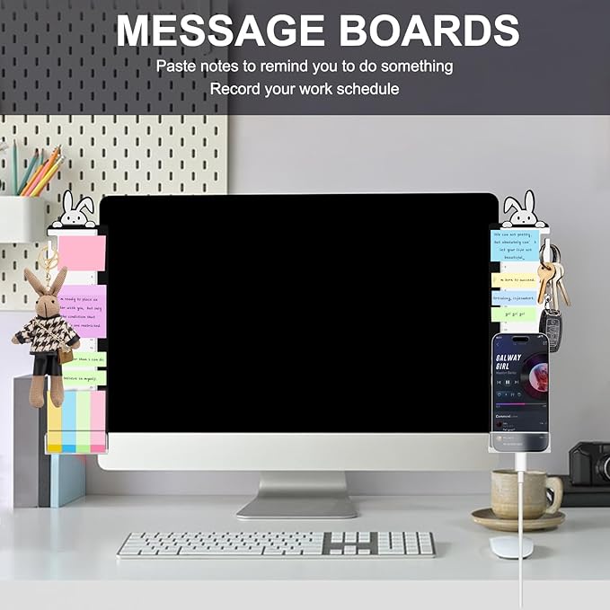 Office Desk Accessories 2pcs Multifunction Computer Monitor Memo Board - Office Supplies for Women Men Computer Sticky Note Holder Home Decor (Rabbit Monitor Memo Board with Clip)