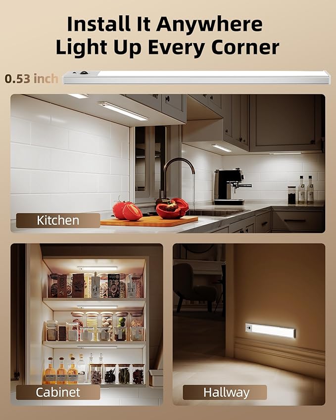 EZVALO 3-Pack Under Cabinet Lighting, 4000mAh Rechargeable Motion Sensor Light, 16inch Magnetic Closet Lights with Dimmable & 3 Color Temps, Wireless Motion Activated Lights with Remote for Kitchen