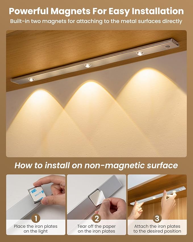 3 LED Under Cabinet Light, Under Counter Dimmable Lighting with Motion Sensor, USB Rechargeable Motion Sensor Light, Cat’s Eye Hill Corrugated Effect, for Display Cabinet, Showcase, Wine Cabinet