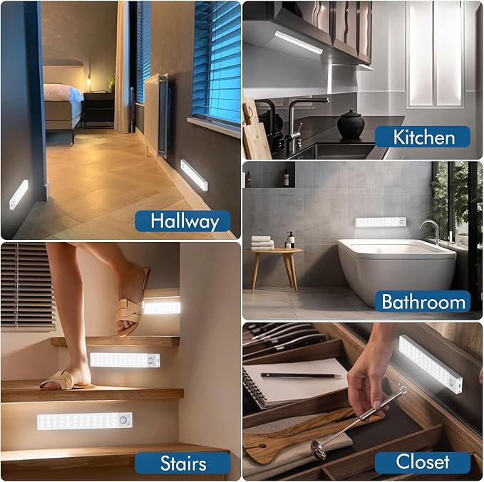 Under Cabinet Lighting 4 Pack,Under Cabinet Lights Wireless,Motion Sensor Light Indoor Rechargeable Battery Operated,Dimmable Under Counter Lights for Kitchen,Drawers,Wardrobe,Stair Bedroom