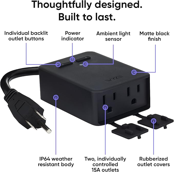 Wyze Plug Outdoor, Dual Outlets Energy Monitoring, IP64, 2.4GHz WiFi Smart Plug, Works with Alexa, Google Assistant, IFTTT, No Hub Required, Black